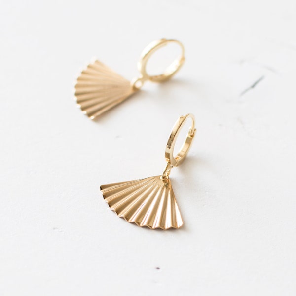 Gold Plated Fan Hoop Earrings, Art Deco Style Huggie Earrings, Triangle Huggie Earrings, Ribbed Geometric Earrings, UK.