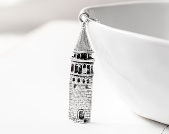 Antique Silver Tower Necklace, Silver Plated Tower Pendant Necklace, History Inspired Castle Necklace, Large Statement Necklace.