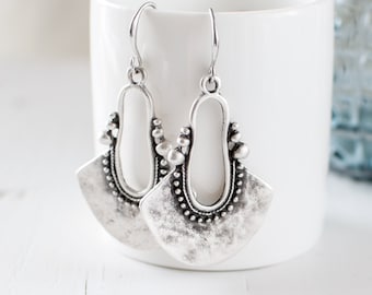 Antique Silver Statement Earrings, Large Boho Earrings, Textured Ethnic Earrings, Big Dangle Earrings, Bohemian Drop Earrings, UK.