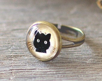 Black Cat Ring, Kitty Cat Ring, Cute Cat Jewellery, Gift for Cat Lovers. Halloween Adjustable Ring. Handmade Jewellery UK.