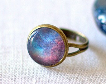 Blue and Red Galaxy Ring, Glass Dome Space Ring, Minimalist Adjustable Ring, Stardust Universe Ring. Handmade Jewellery UK.