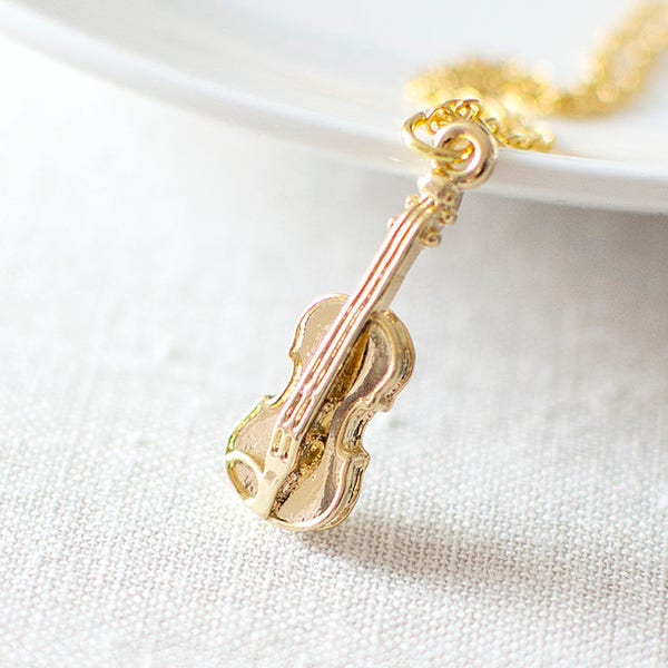 Gouden viool hanger ketting, sierlijke viool charme ketting, cadeau voor muziekleraar, muziekliefhebber cadeau idee, muziek overweging geschenk, UK.