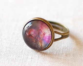 Orion Nebula Ring, Purple Galaxy Ring, Space Adjustable Ring, Glass Dome Universe Ring. Handmade Jewellery UK.