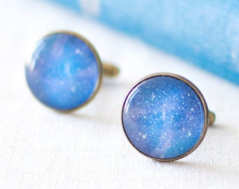 Speckled Blue Galaxy Cufflinks, Space Cufflinks for a Galaxy Wedding, Cosmos Astronomy Cufflinks, Gift for Space Lover. Nebula Universe UK.