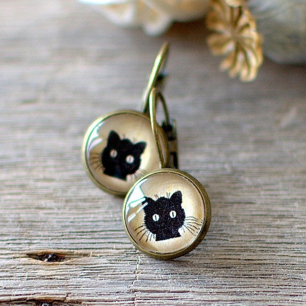 Black Cat Earrings, Cute Gift for Cat Lovers, Chat Noir Earrings, Halloween Witch Earrings. Gift for Cat Owners. Handmade Jewellery UK.