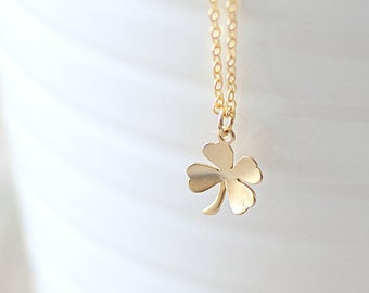 Four Leaf Clover Necklace, Gold Plated Clover Pendant Necklace, Clover Charm Necklace, Irish Shamrock Necklace. Dainty Good Luck Charm.