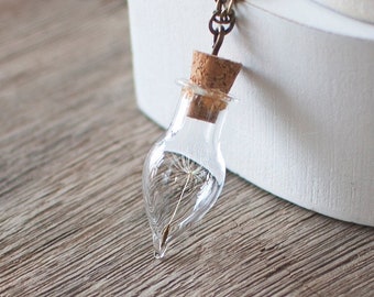 Dandelion Seed Necklace, Glass Bottle Pendant Necklace, Make a Wish Necklace, Glass Vial Necklace. Botanical Necklace for Nature Lovers, UK.