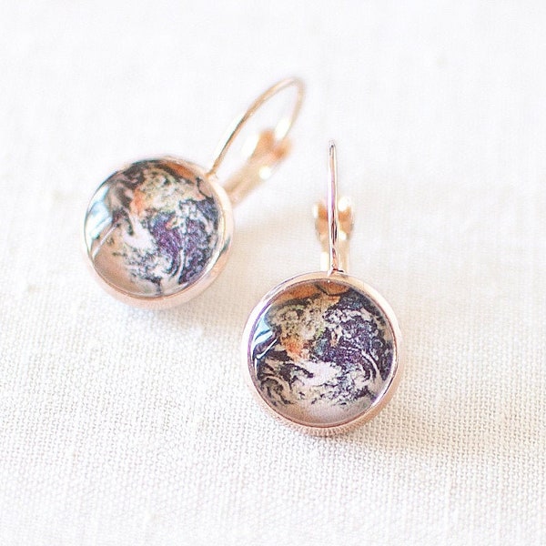 Earth Earrings, Planet Earrings, World Globe Earrings, Solar System Earrings. Rose Gold Glass Dome Earrings. Wanderlust Gift, Jewellery UK.