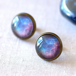 Blue and Red Galaxy Earrings, Space Stud Earrings, Universe Glass Dome Earrings, Galaxy Jewellery Gift for Cosmos Lovers, Jewellery UK.