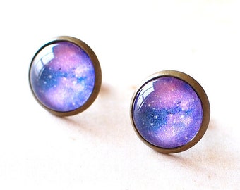 Purple Galaxy Earrings, Space Earrings, Galaxy Studs, Purple Nebula Earrings. Cosmic Universe Earrings. Celestial Astronomy Gift, UK.