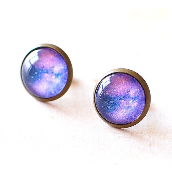 Purple Galaxy Earrings, Space Earrings, Galaxy Studs, Purple Nebula Earrings. Cosmic Universe Earrings. Celestial Astronomy Gift, UK.