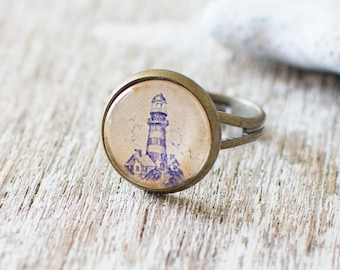 Blue Lighthouse Ring, Vintage Style Nautical Ring, Ocean Inspired Adjustable Ring, Travel Inspired Glass Ring. Handmade Jewellery UK.