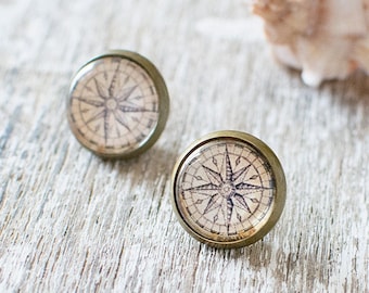 Compass Rose Earrings, Vintage Nautical Earrings, Wanderlust Gift for Graduation, Travel Earrings, Pirate Earrings. UK.