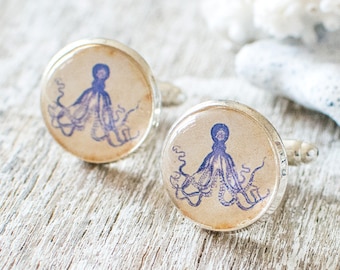Blue Octopus Cufflinks, Silver Plated Nautical Cufflinks