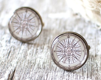 Vintage Compass Rose Cufflinks, Nautical Cufflinks, Traveller Gift, Vintage Travel Cufflinks. Wanderlust Cufflinks, Sailor Cufflinks, UK.