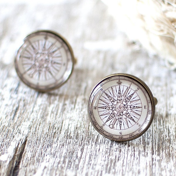 Vintage Compass Rose Cufflinks, Nautical Cufflinks, Traveller Gift, Vintage Travel Cufflinks. Wanderlust Cufflinks, Sailor Cufflinks, UK.