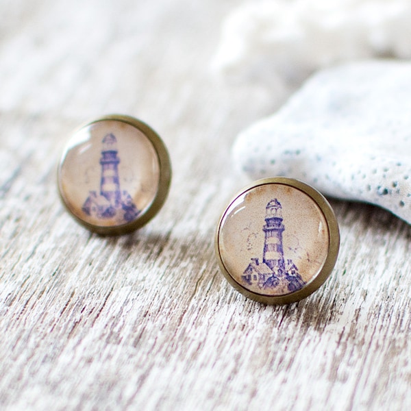 Blue Lighthouse Earrings, Vintage Style Nautical Earrings, Ocean Inspired Stud Earrings, Sea Themed Light House Earrings. Jewellery UK.