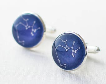 Custom Zodiac Cufflinks, Constellation Cufflinks, Personalised Star Sign Cufflinks for Wedding, Astronomy Gift Idea. Navy Blue, UK.