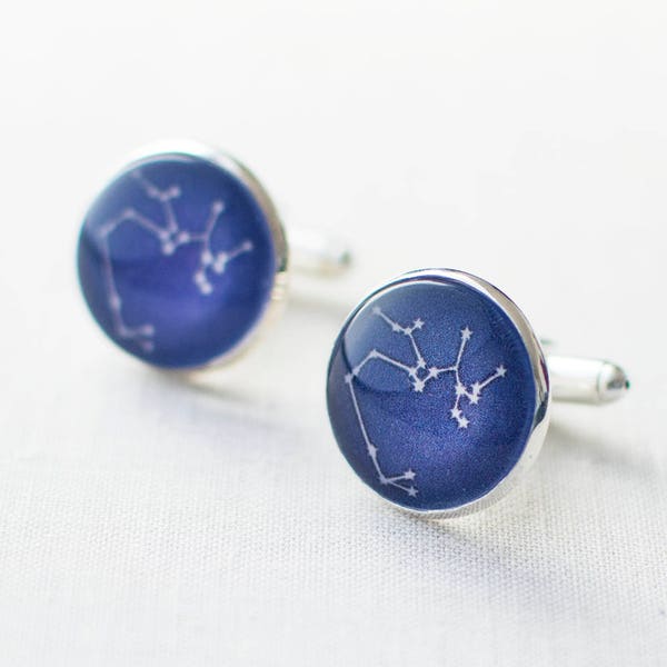 Custom Zodiac Cufflinks, Constellation Cufflinks, Personalised Star Sign Cufflinks for Wedding, Astronomy Gift Idea. Navy Blue, UK.