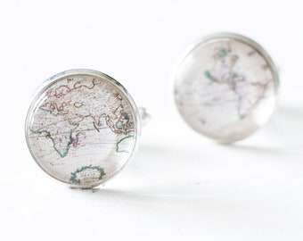 Vintage World Map Cufflinks, Old Map of the World Cufflinks, Globe Cufflinks for Him, Wedding Cufflinks for Travel Lovers, Geography Gift UK