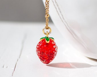 Strawberry Pendant Necklace, Glass Strawberry Charm Necklace, Cottagecore Jewellery, Cute Whimsical Gift.