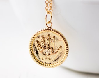 Gold Plated Hand Necklace, Palmistry Inspired Coin Necklace, Palm Charm Necklace.