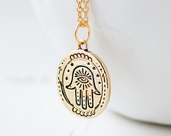 Hamsa Pendant Necklace, Gold Plated Palm Necklace, Hand of Fatima Necklace, Lucky Necklace.