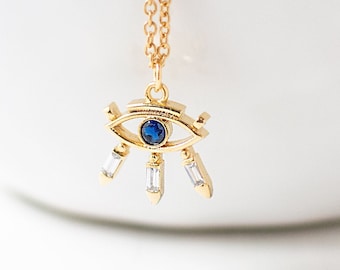 Sparkly Eye Charm Necklace, Gold Plated Evil Eye Pendant Necklace, Dainty Necklace for Good Luck, Tiny Cubic Zirconia Charm Necklace.