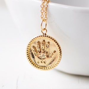 Gold Plated Hand Necklace, Palmistry Inspired Coin Necklace, Palm Charm Necklace. image 1