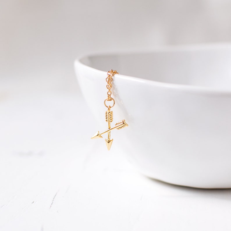 Gold Plated Crossed Arrows Necklace, Arrow Charm Necklace, Archery Pendant Necklace, Bff Gift, Long Distance Friendship Gift. image 7