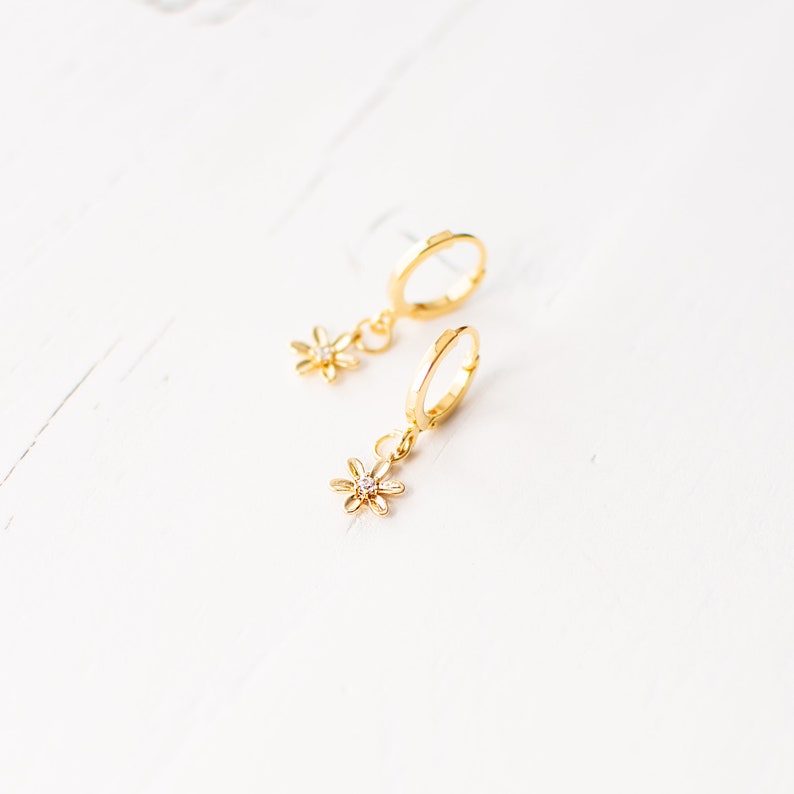 Gold Plated Daisy Earrings, Tiny Flower Hoop Earrings, Small Huggie Earrings, Dainty Floral Earrings, Elegant Botanical Earrings. image 2
