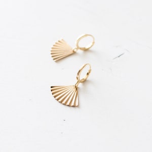 Gold Plated Fan Hoop Earrings, Art Deco Style Huggie Earrings, Triangle Huggie Earrings, Ribbed Geometric Earrings, UK. image 4