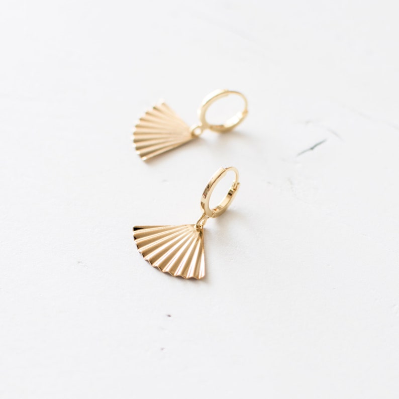 Gold Plated Fan Hoop Earrings, Art Deco Style Huggie Earrings, Triangle Huggie Earrings, Ribbed Geometric Earrings, UK. image 4