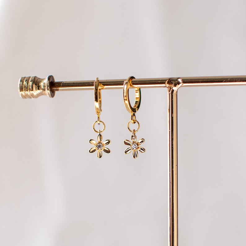 Gold Plated Daisy Earrings, Tiny Flower Hoop Earrings, Small Huggie Earrings, Dainty Floral Earrings, Elegant Botanical Earrings. image 8