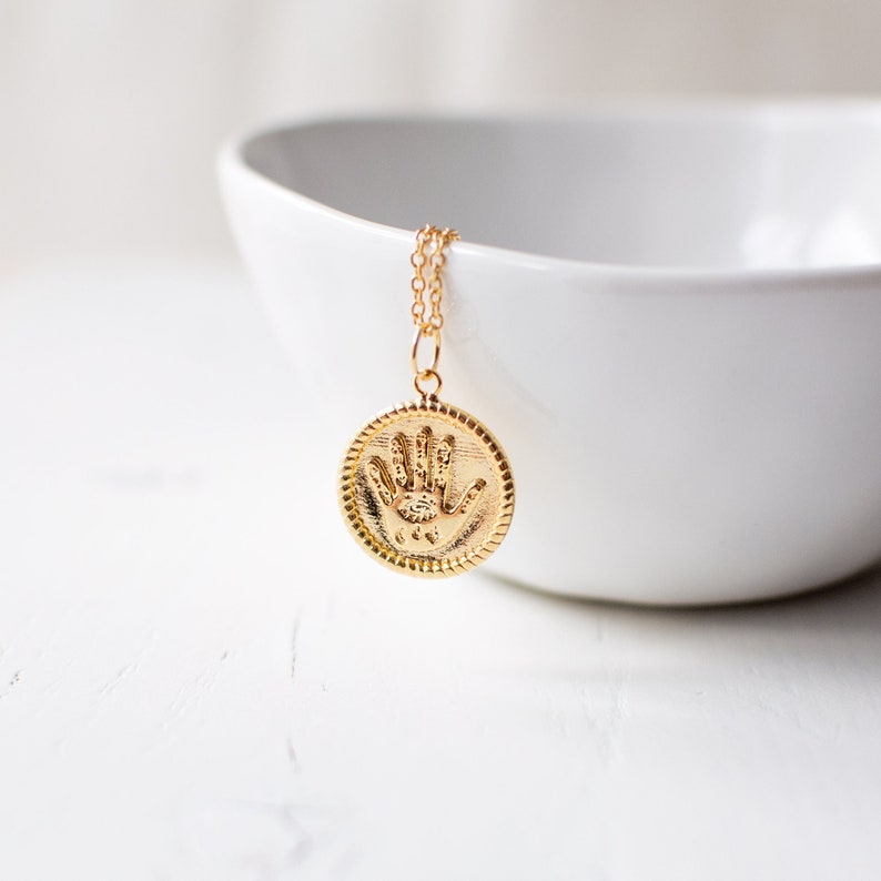 Gold Plated Hand Necklace, Palmistry Inspired Coin Necklace, Palm Charm Necklace. image 1