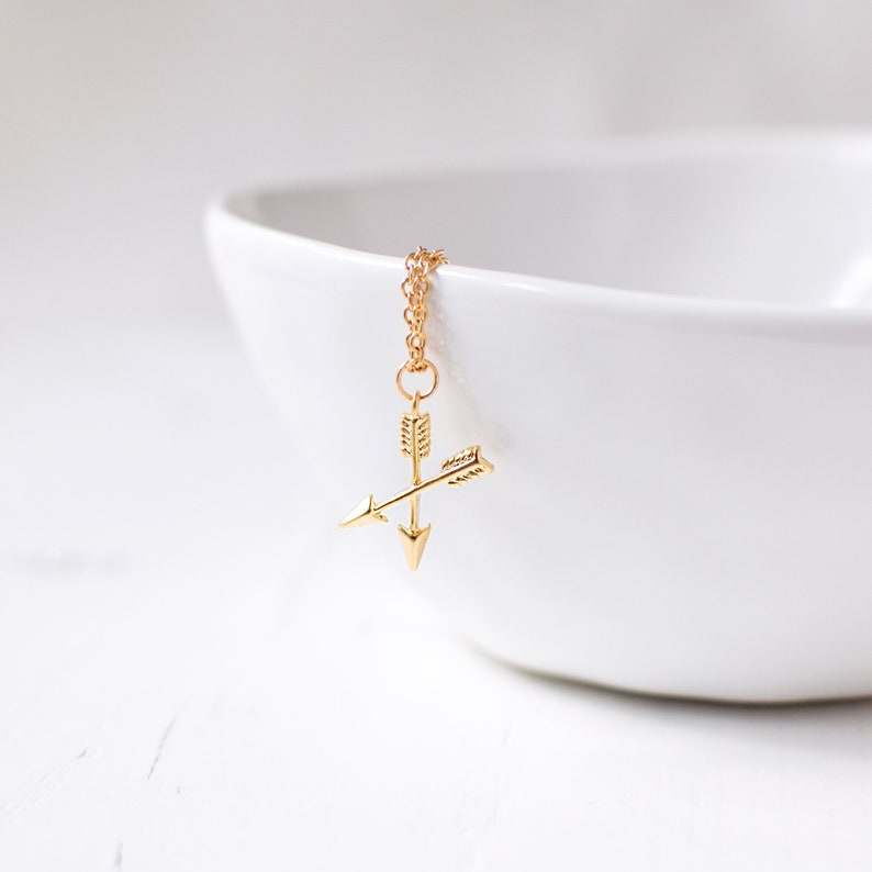 Gold Plated Crossed Arrows Necklace, Arrow Charm Necklace, Archery Pendant Necklace, Bff Gift, Long Distance Friendship Gift. image 1