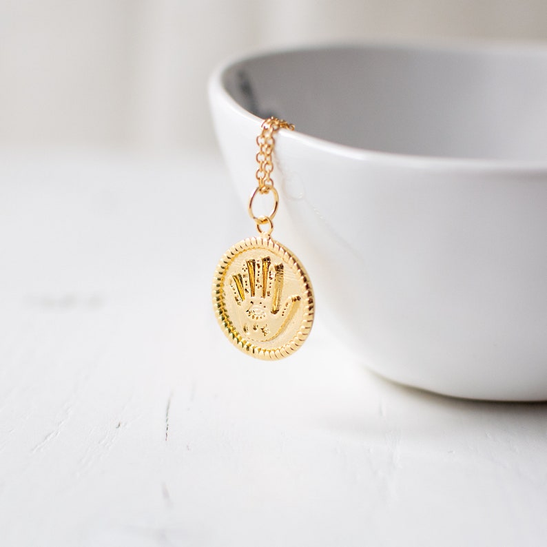 Gold Plated Hand Necklace, Palmistry Inspired Coin Necklace, Palm Charm Necklace. image 2