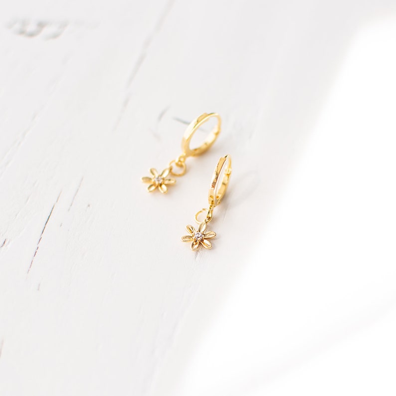 Gold Plated Daisy Earrings, Tiny Flower Hoop Earrings, Small Huggie Earrings, Dainty Floral Earrings, Elegant Botanical Earrings. image 5