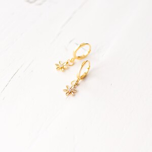 Gold Plated Daisy Earrings, Tiny Flower Hoop Earrings, Small Huggie Earrings, Dainty Floral Earrings, Elegant Botanical Earrings. image 7