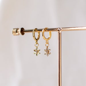 Gold Plated Daisy Earrings, Tiny Flower Hoop Earrings, Small Huggie Earrings, Dainty Floral Earrings, Elegant Botanical Earrings. image 9