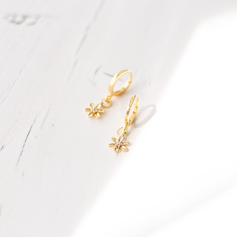 Gold Plated Daisy Earrings, Tiny Flower Hoop Earrings, Small Huggie Earrings, Dainty Floral Earrings, Elegant Botanical Earrings. image 1