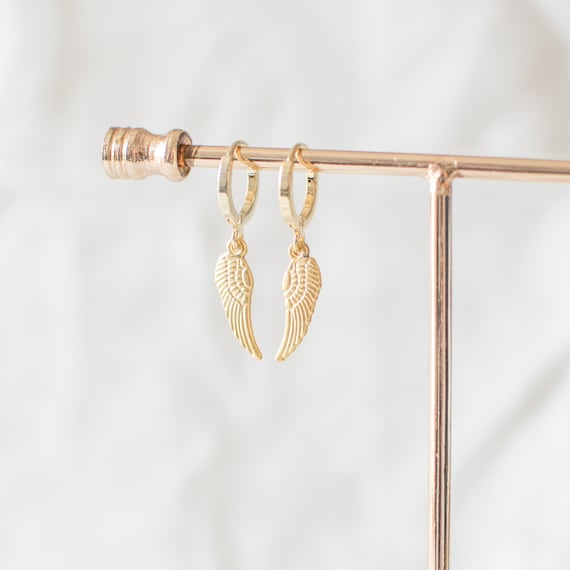 Gold Plated Wing Hoop Earrings, Feather Huggie Earrings, Tiny Wing