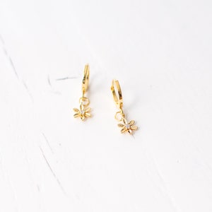 Gold Plated Daisy Earrings, Tiny Flower Hoop Earrings, Small Huggie Earrings, Dainty Floral Earrings, Elegant Botanical Earrings. image 6