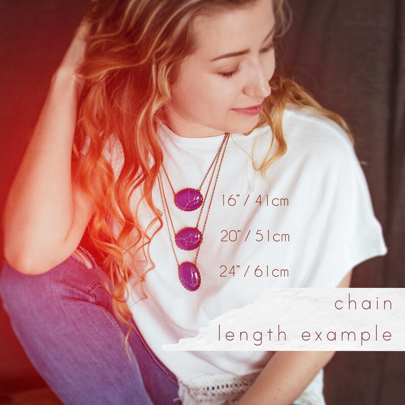 May include: Three silver chains with purple pendant necklaces, showing different lengths: 16 inches, 20 inches, and 24 inches. Text reads "chain length example".