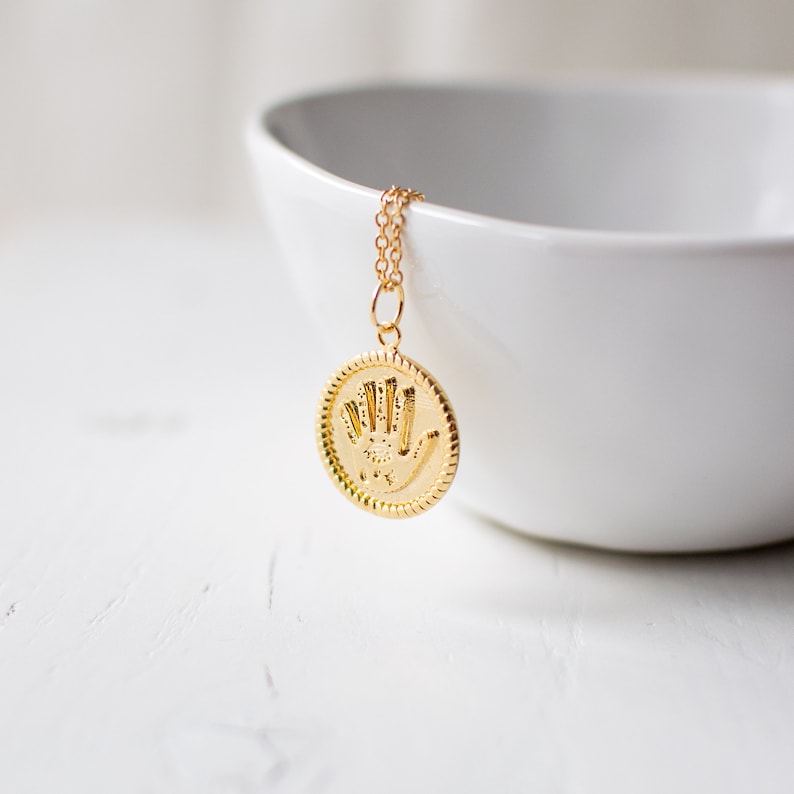 Gold Plated Hand Necklace, Palmistry Inspired Coin Necklace, Palm Charm Necklace. image 4