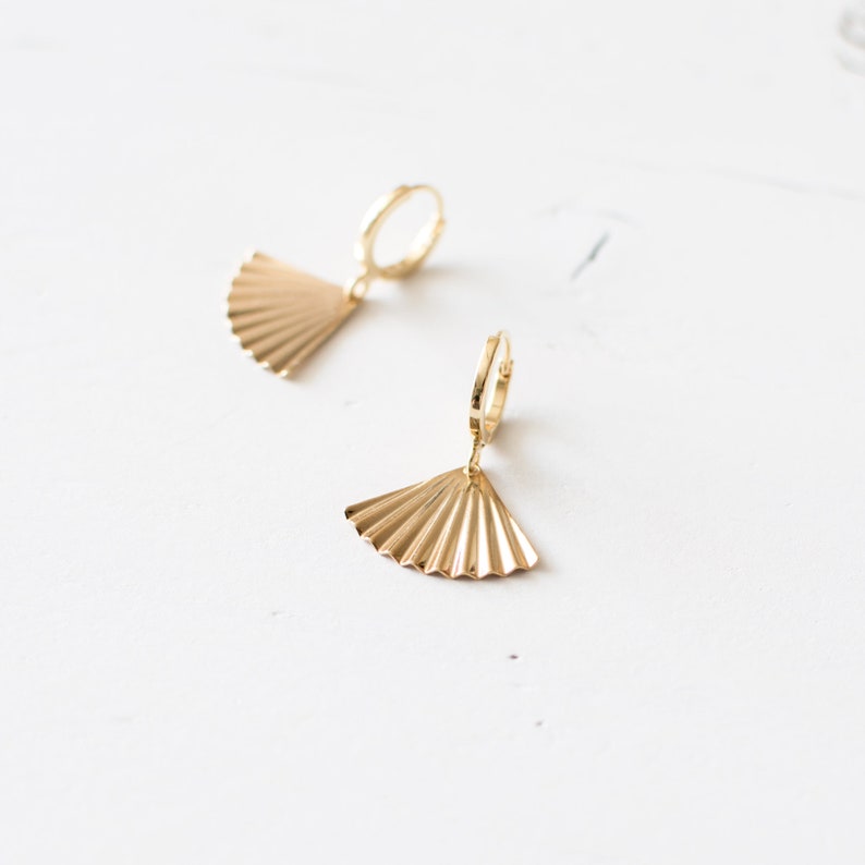 Gold Plated Fan Hoop Earrings, Art Deco Style Huggie Earrings, Triangle Huggie Earrings, Ribbed Geometric Earrings, UK. image 2