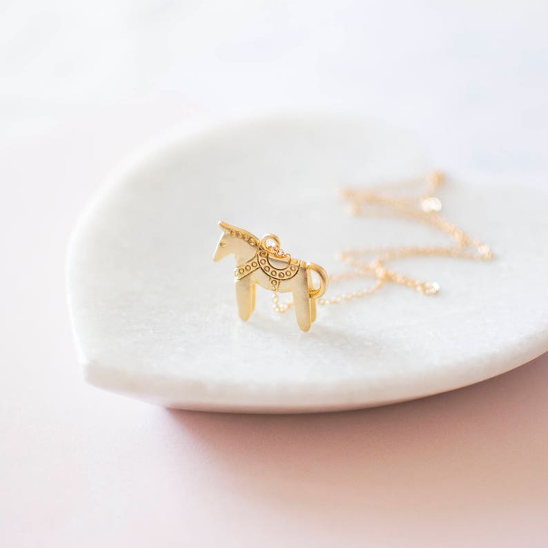 Gold Dala Horse Necklace. Nordic Scandinavian Pendant Necklace. Swedish Folk Jewellery, Animal Charm Necklace, UK. image 1