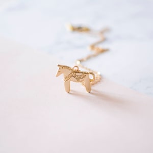 Gold Dala Horse Necklace. Nordic Scandinavian Pendant Necklace. Swedish Folk Jewellery, Animal Charm Necklace, UK. image 4