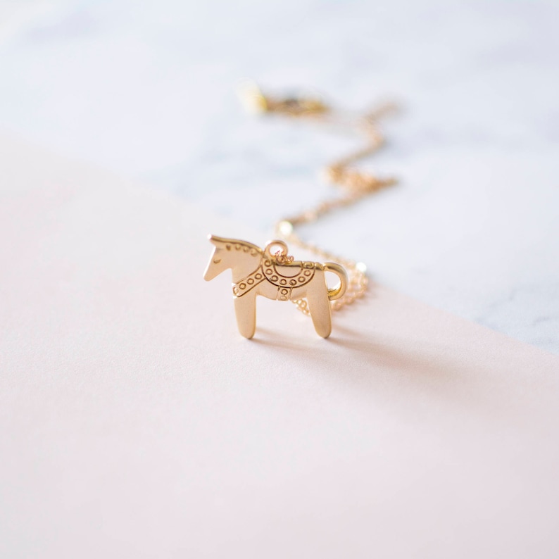 Gold Dala Horse Necklace. Nordic Scandinavian Pendant Necklace. Swedish Folk Jewellery, Animal Charm Necklace, UK. image 4