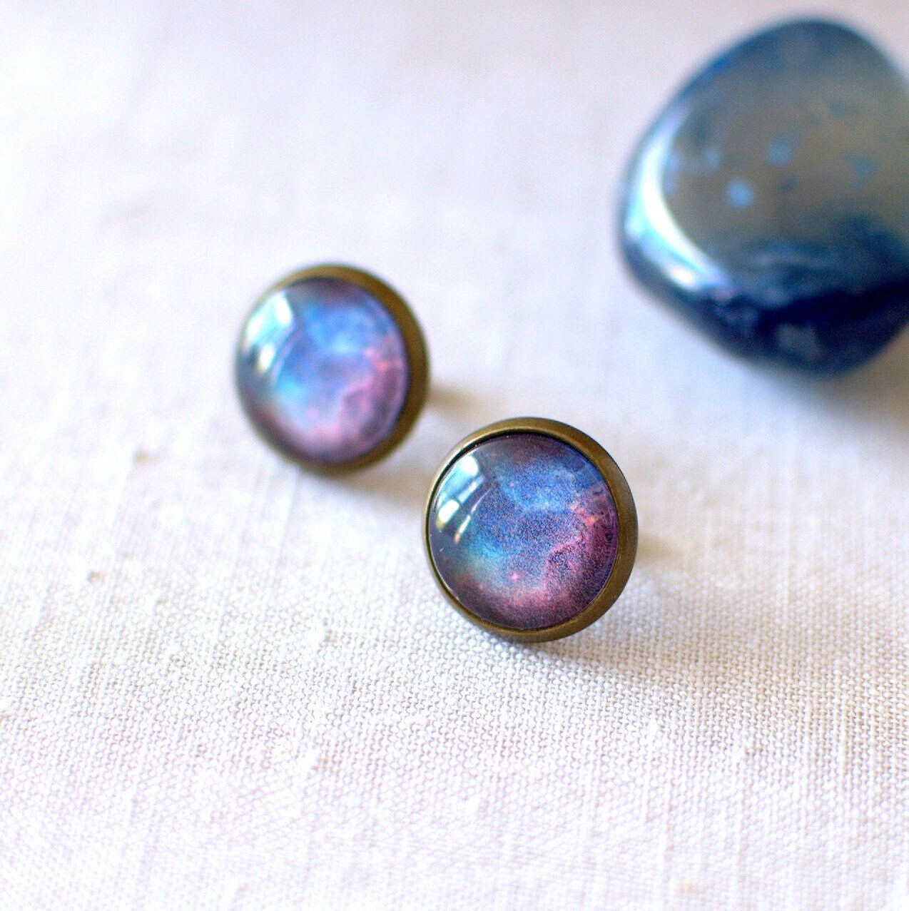 Blue and Red Galaxy Earrings, Space Stud Earrings, Universe Glass Dome Earrings, Galaxy Jewellery Gift for Cosmos Lovers, Jewellery UK.